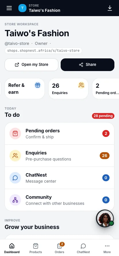 Taiwo's Fashion seller dashboard on Shopnest